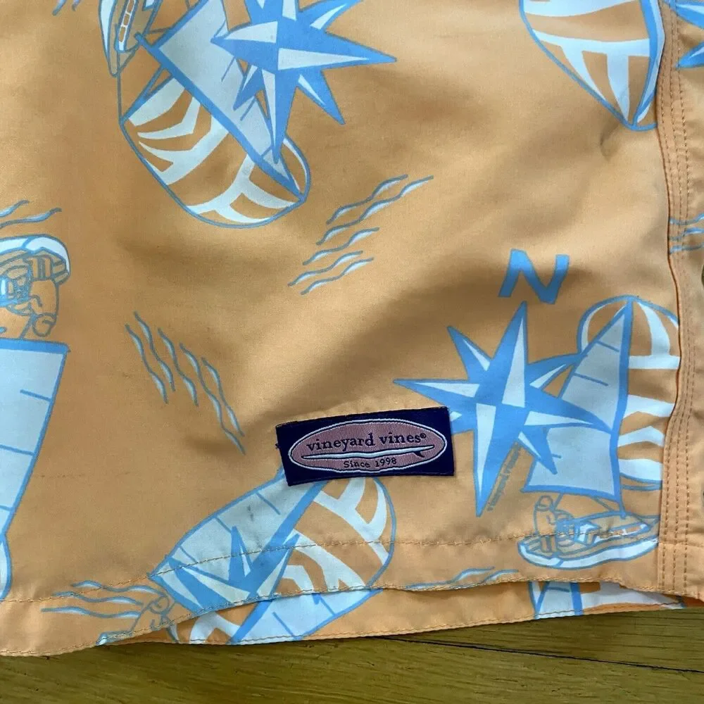 Vineyard Vines Sailboats And Compasses Swim Trunks Orange And Blue Men's Size LG